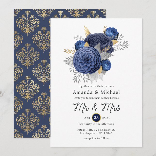 Convites Casamento Floral Azul Marinho, Dourado e Prata (Frente/Verso)