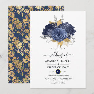 Convites Casamento Floral Azul Marinho, Dourado e Prata