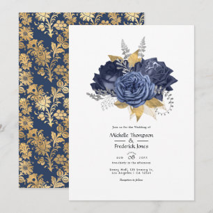 Convites Casamento Floral Azul Marinho, Dourado e Prata