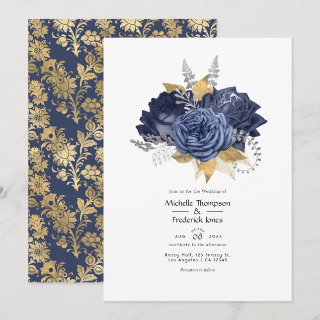 Convites Casamento Floral Azul Marinho, Dourado e Prata (Frente/Verso)