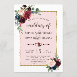 Convites Casamento Floral Azul-Marinho Dourado romântico