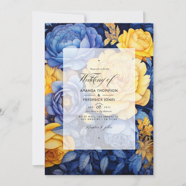 Convites Casamento Floral Azul Marinho e Amarelo (Frente)