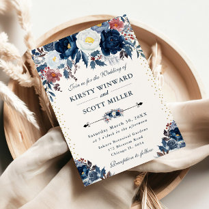 Convites Casamento Floral Azul Marinho e Azul Claro Elegant