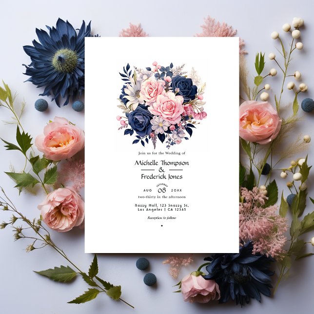 Convites Casamento Floral Azul Marinho e Bege (Criador carregado)