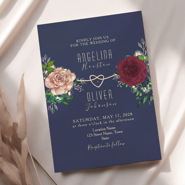 Convites Casamento Floral Azul-Marinho e Borgonha Elegante (Criador carregado)