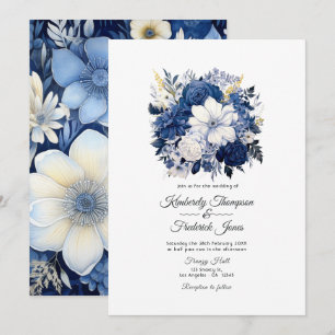 Convites Casamento Floral Azul Marinho e Branco