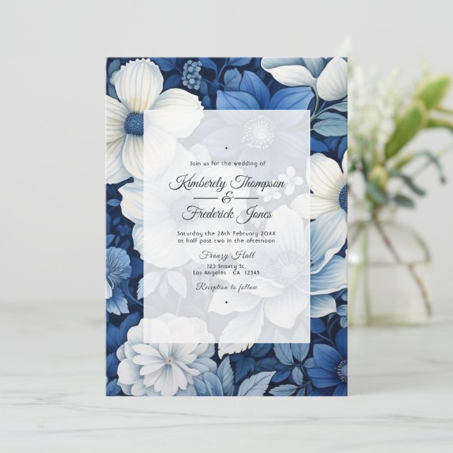 Convites Casamento Floral Azul Marinho e Branco (Em pé/Frente)