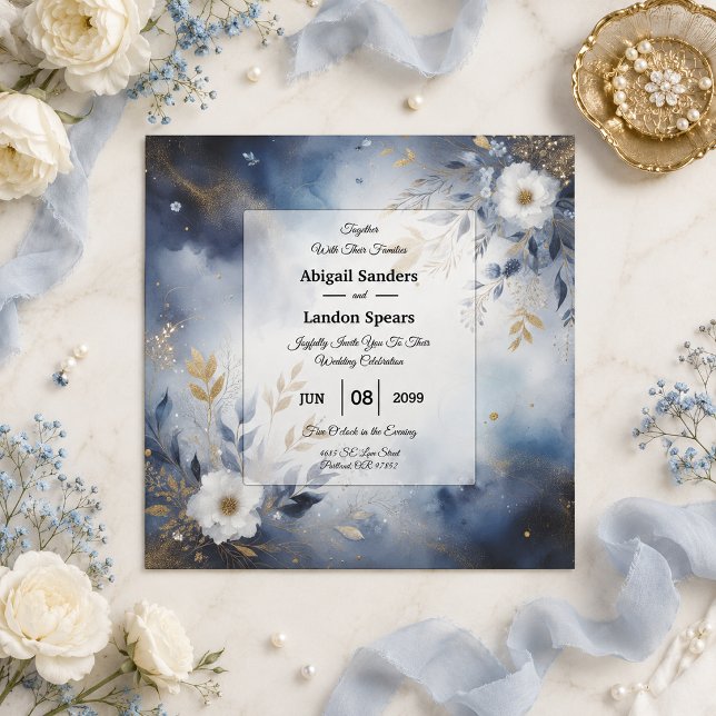 Convites Casamento Floral Azul Marinho e Dourado (Criador carregado)