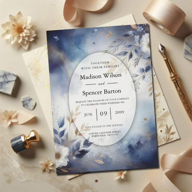 Convites Casamento Floral Azul Marinho e Dourado (Criador carregado)
