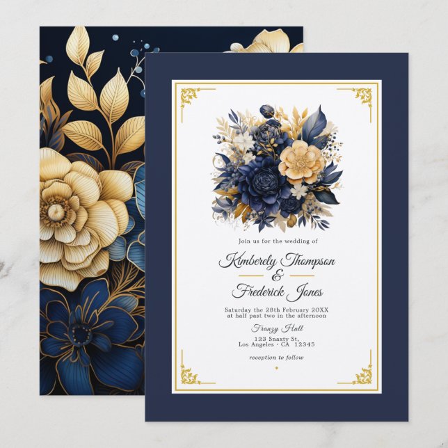 Convites Casamento Floral Azul Marinho e Dourado (Frente/Verso)