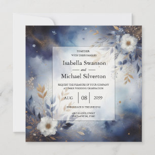 Convites Casamento Floral Azul Marinho e Dourado