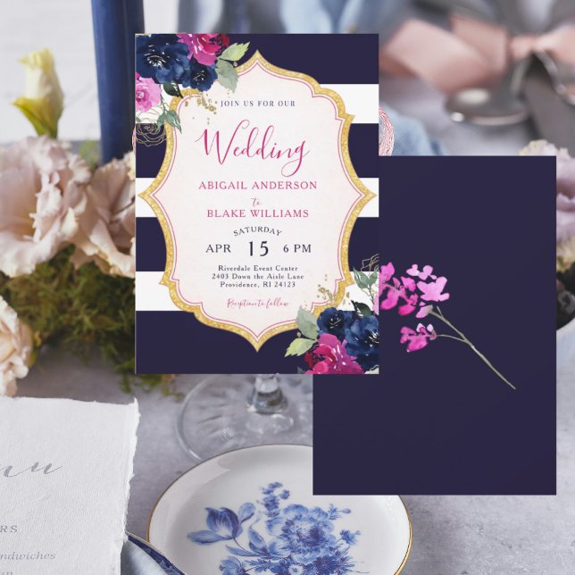 Convites Casamento Floral Azul Marinho e Fúcsia (Criador carregado)