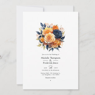 Convites Casamento Floral Azul Marinho e Laranja
