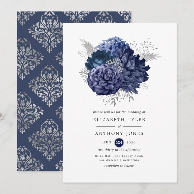 Convites Casamento Floral Azul Marinho e Prata (Frente/Verso)