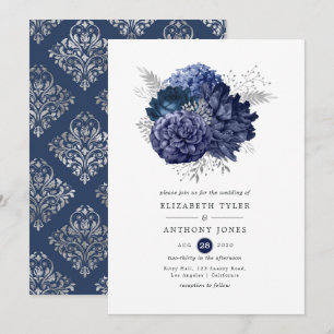 Convites Casamento Floral Azul Marinho e Prata
