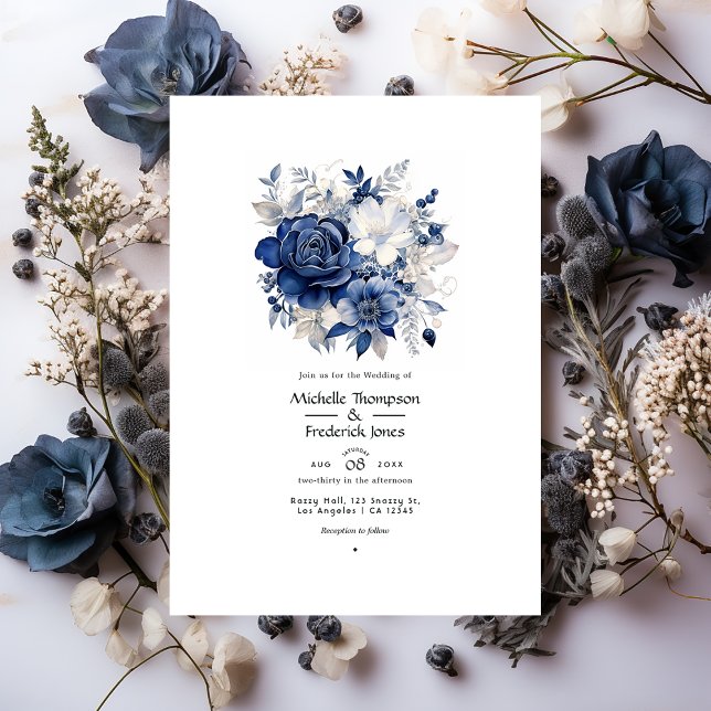 Convites Casamento Floral Azul Marinho e Prata (Criador carregado)