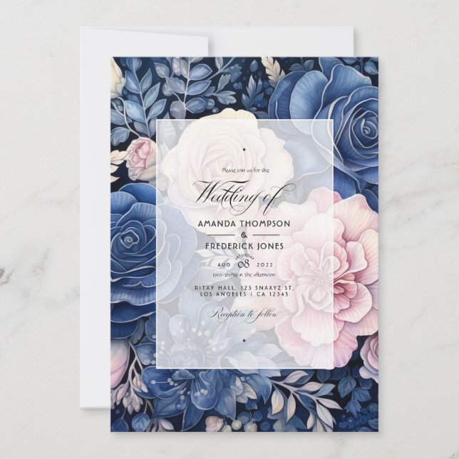 Convites Casamento Floral Azul Marinho e Rosa Choque (Frente)