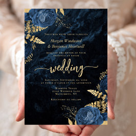 Convites Casamento Floral Azul Marinho Elegante Dourado