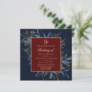 Convites Casamento Floral Azul Marinho Escuro Temperamental