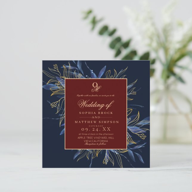 Convites Casamento Floral Azul Marinho Escuro Temperamental (Em pé/Frente)