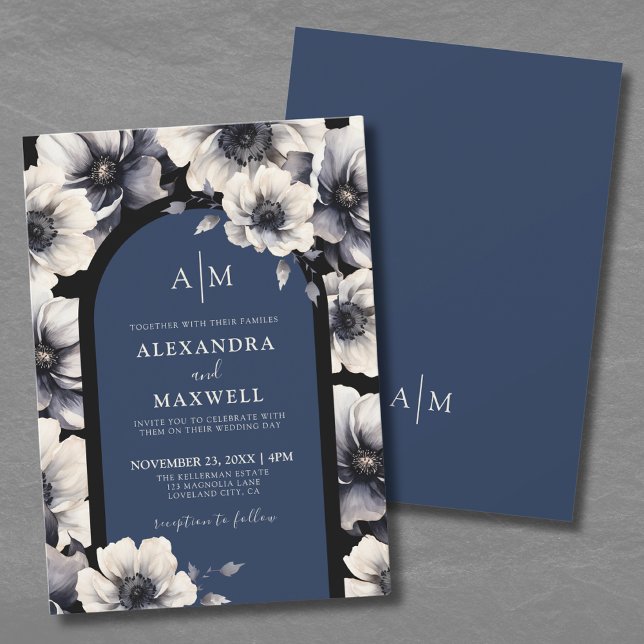 Convites Casamento Floral Azul Marinho Flor Elegante (Elegant Flowers Navy Blue Floral Wedding Invitation)