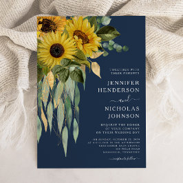 Convites Casamento Floral Azul Marinho Girassol Eucalipto