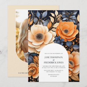 Convites Casamento Floral Azul Marinho, Laranja Queimada e 