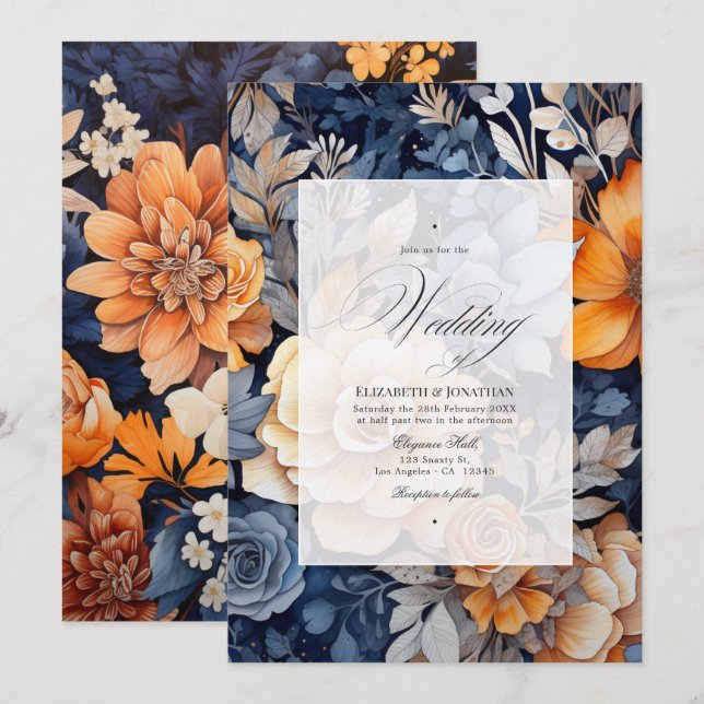 Convites Casamento Floral Azul Marinho, Laranja Queimada e  (Frente/Verso)