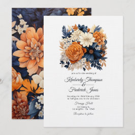 Convites Casamento Floral Azul Marinho, Laranja Queimada e 