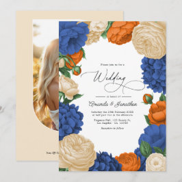 Convites Casamento Floral Azul Marinho, Laranja Queimado e 
