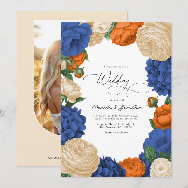 Convites Casamento Floral Azul Marinho, Laranja Queimado e  (Frente/Verso)