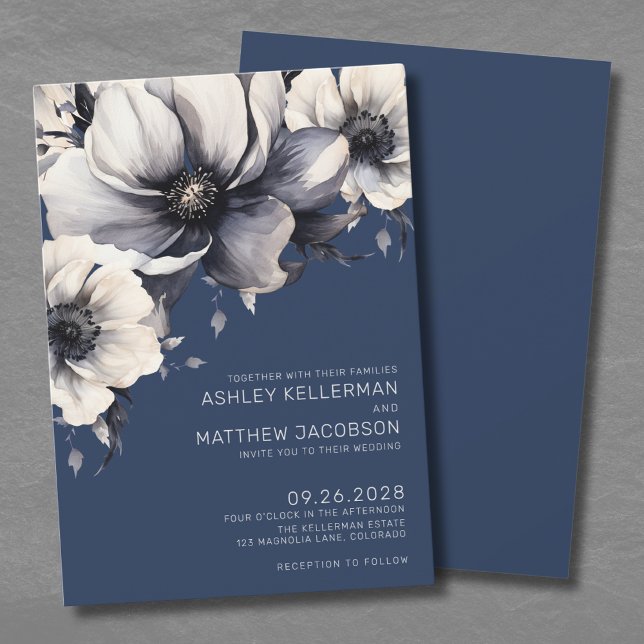 Convites Casamento Floral Azul-Marinho Moderno (Modern Navy Blue Floral Wedding Invitation)