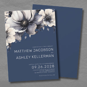 Convites Casamento Floral Azul-Marinho Moderno