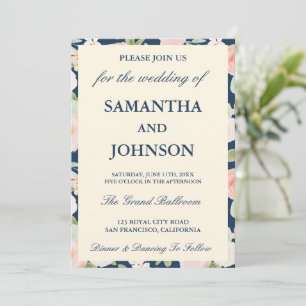 Convites Casamento Floral Azul Marinho Moderno Antigo Marfi
