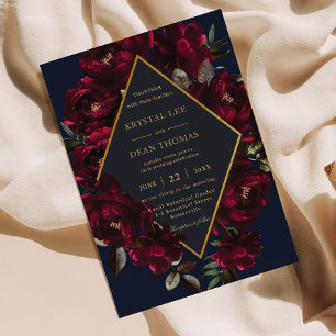 Convites Casamento Floral Azul Marinho Moody Burgundy Escur
