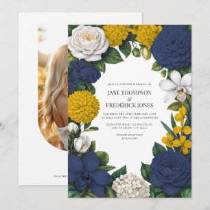Convites Casamento Floral Azul Marinho, Mostarda Amarelo e