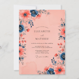 Convites Casamento Floral Azul Marinho Pêssego Impressionan