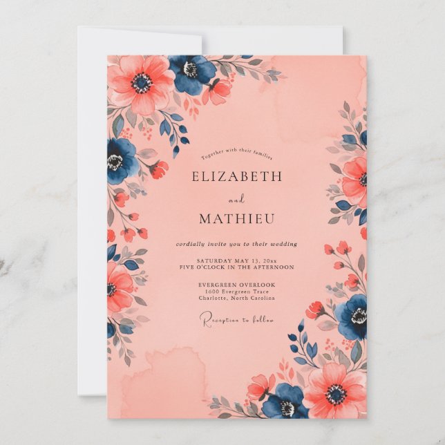 Convites Casamento Floral Azul Marinho Pêssego Impressionan (Frente)