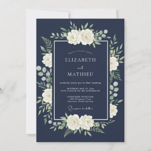 Convites Casamento Floral Azul Marinho Polido