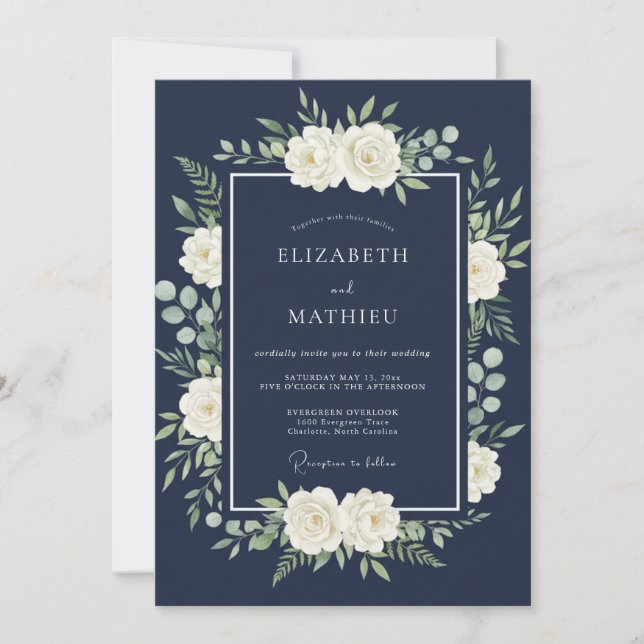 Convites Casamento Floral Azul Marinho Polido (Frente)