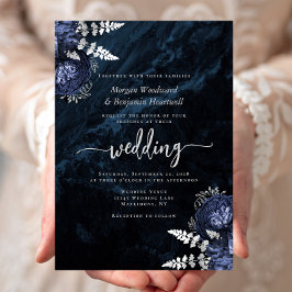 Convites Casamento Floral Azul Marinho Prateado Elegante
