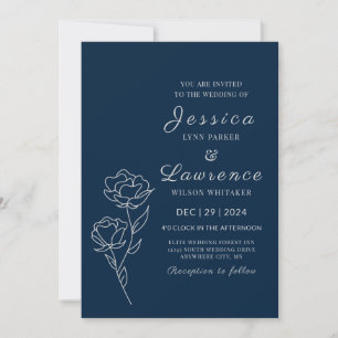 Convites Casamento Floral Azul Marinho Prateado Moderno e E