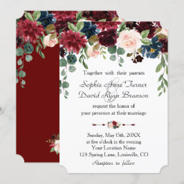 Convites Casamento Floral Azul-Marinho Romântico