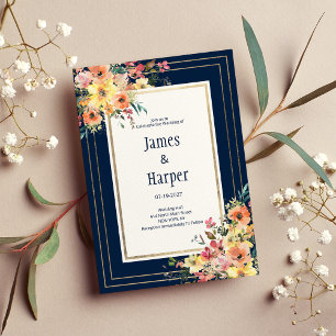 Convites Casamento floral azul marinho rosa laranja dourado