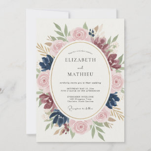 Convites Casamento Floral Azul Marinho Rosado