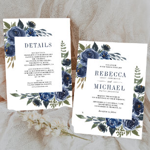 Convites Casamento Floral Azul Marinho Rústico Tudo em Um