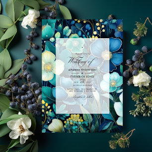Convites Casamento Floral Azul Marinho, Verde Esmeralda e P