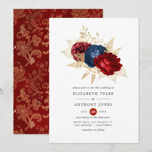 Convites Casamento Floral Azul Marinho, Vermelho e Dourado