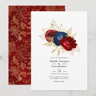 Convites Casamento Floral Azul Marinho, Vermelho e Dourado