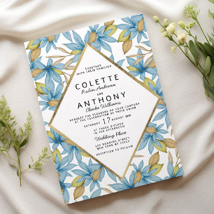 Convites Casamento floral azul-marrom, cor d'água botânica